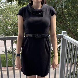 London Times Belted Black Dress with Classic Stitched Collar, Size 8P